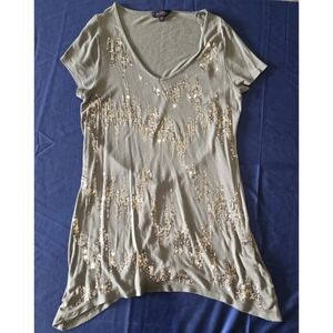 SimplyBe Women's Olive Green Sequin V-Neck Sharkbite Hem Tunic Size 12